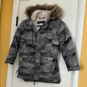 Lands' End Kids Black Striped Puffer with Faux Fur Hood